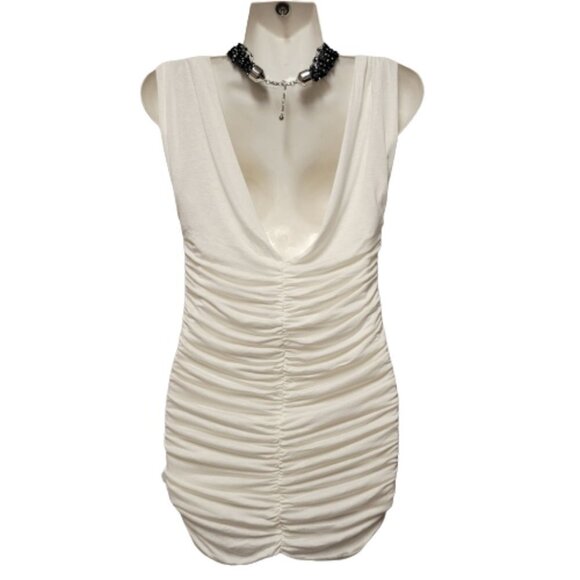 𝅺WHITE Ruched V Neck Low Back Mini Dress  Size M - NWOT - Picture 2 of 8